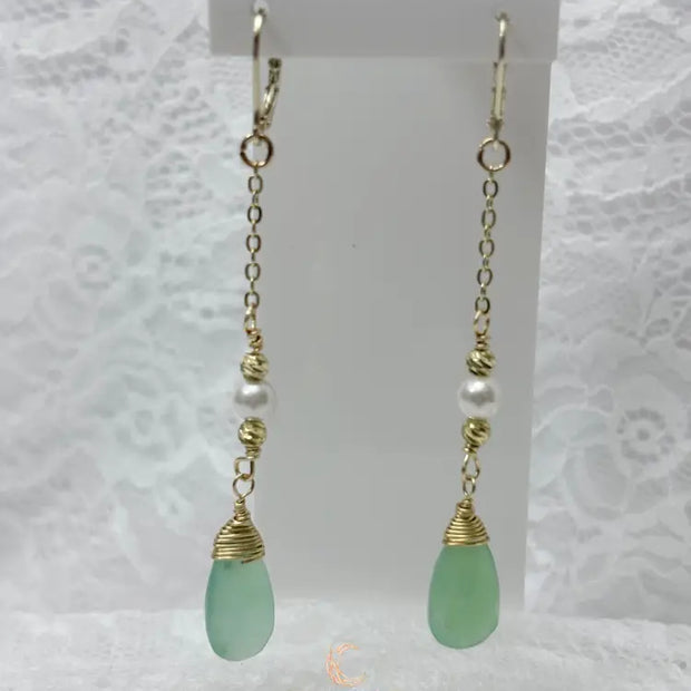 Emergence of Light Drop Earrings – Chrysoprase, Cultured Pearl & 18K Gold Filled
