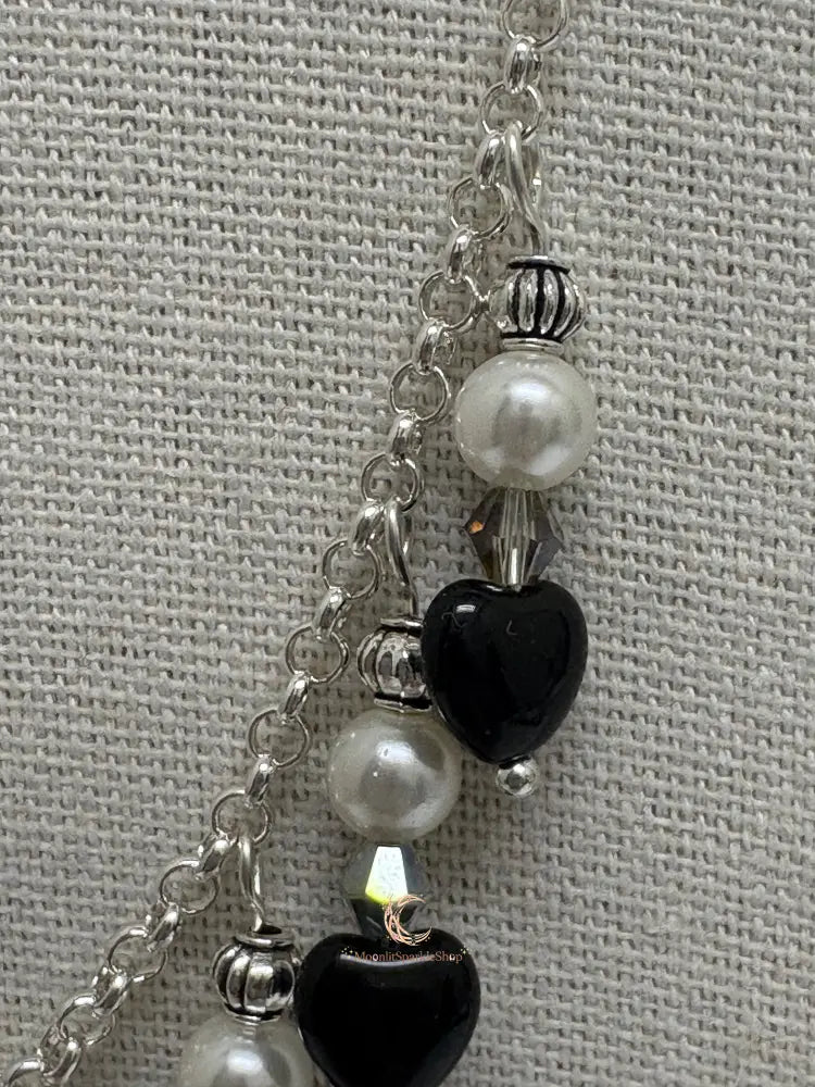 Black Onyx & White Pearl Silver Necklace - 17.75 Inch