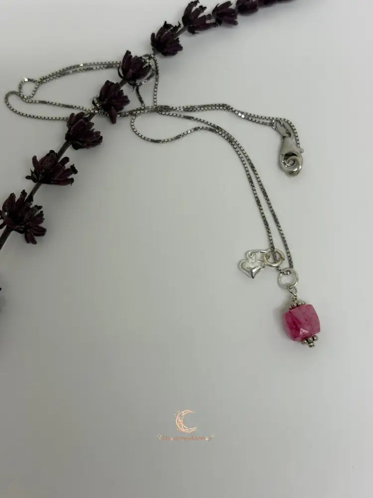 Pink Moonstone Pendant Necklace with Heart Charm - Sterling Silver Box Chain 18