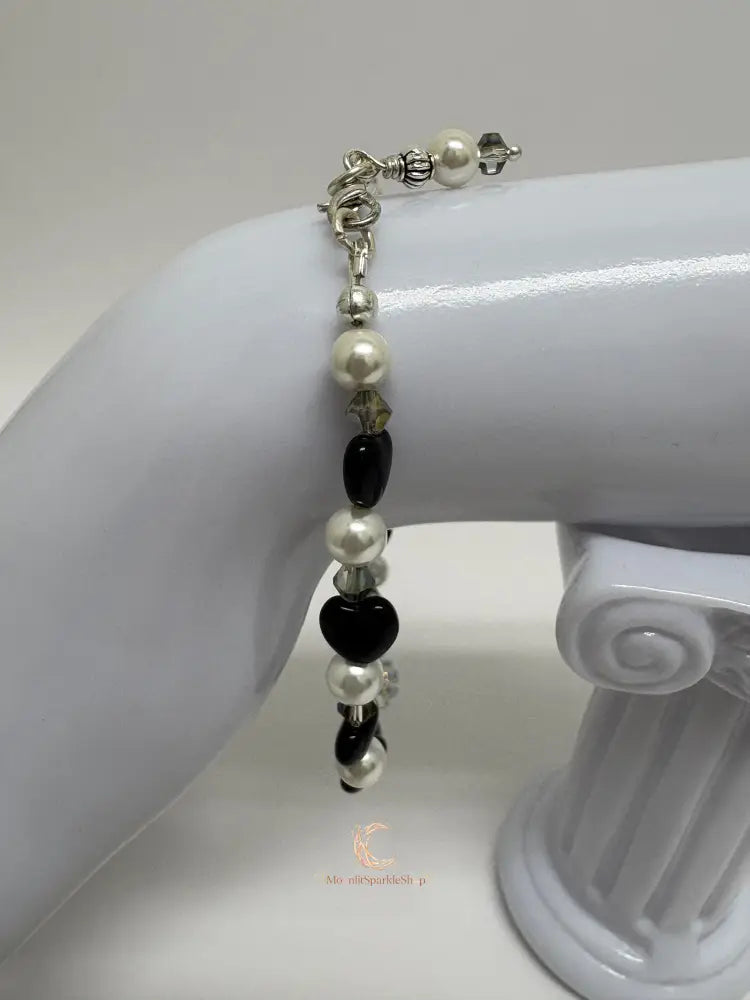 Black Onyx, Pearl & Crystal Bracelet - 7.75 Inch