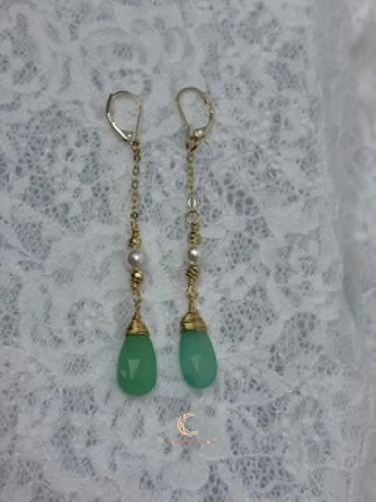 Emergence of Light Drop Earrings – Chrysoprase, Cultured Pearl & 18K Gold Filled
