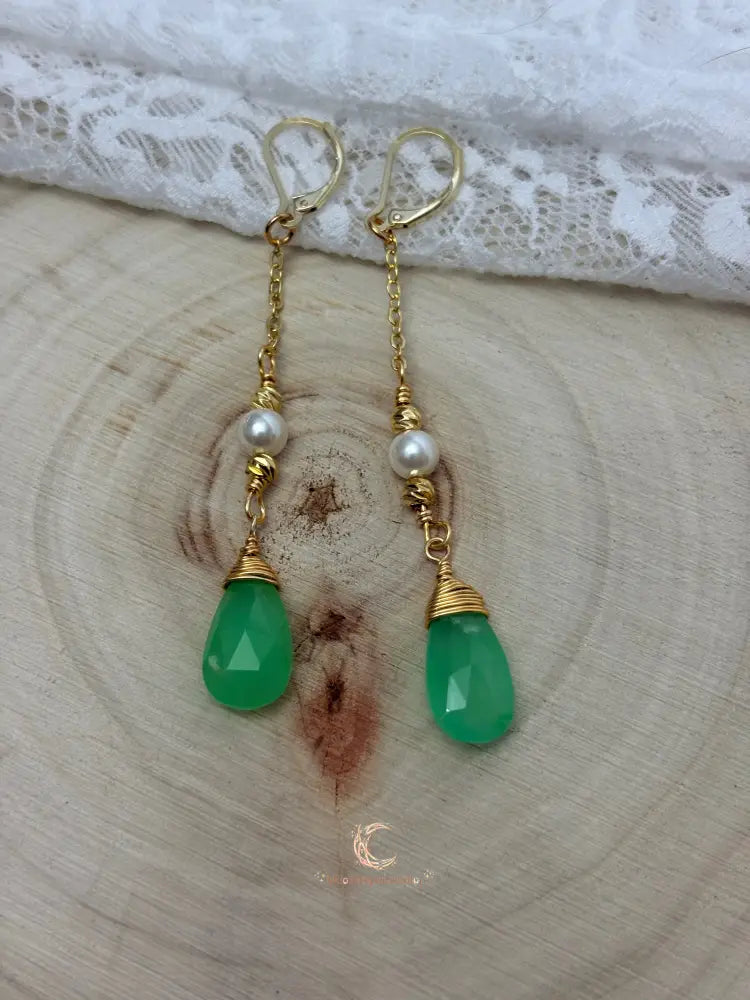 Emergence of Light Drop Earrings – Chrysoprase, Cultured Pearl & 18K Gold Filled