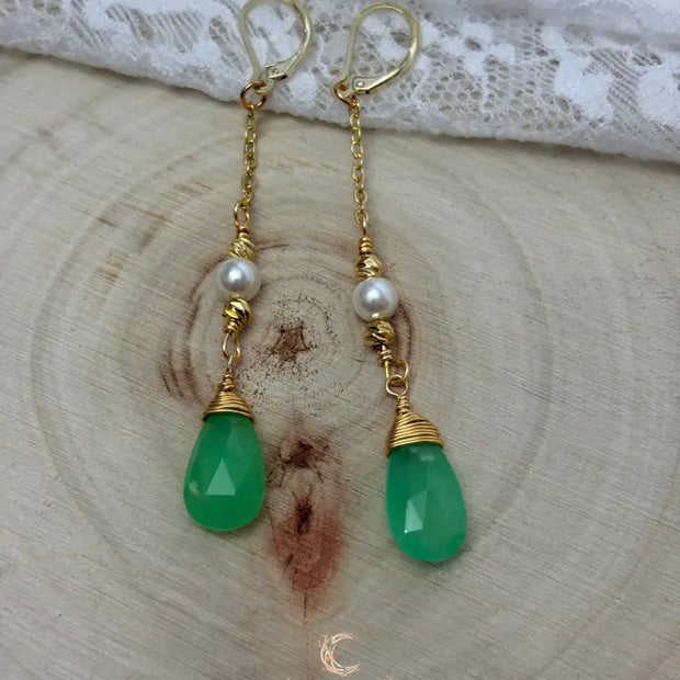 Emergence of Light Drop Earrings – Chrysoprase, Cultured Pearl & 18K Gold Filled
