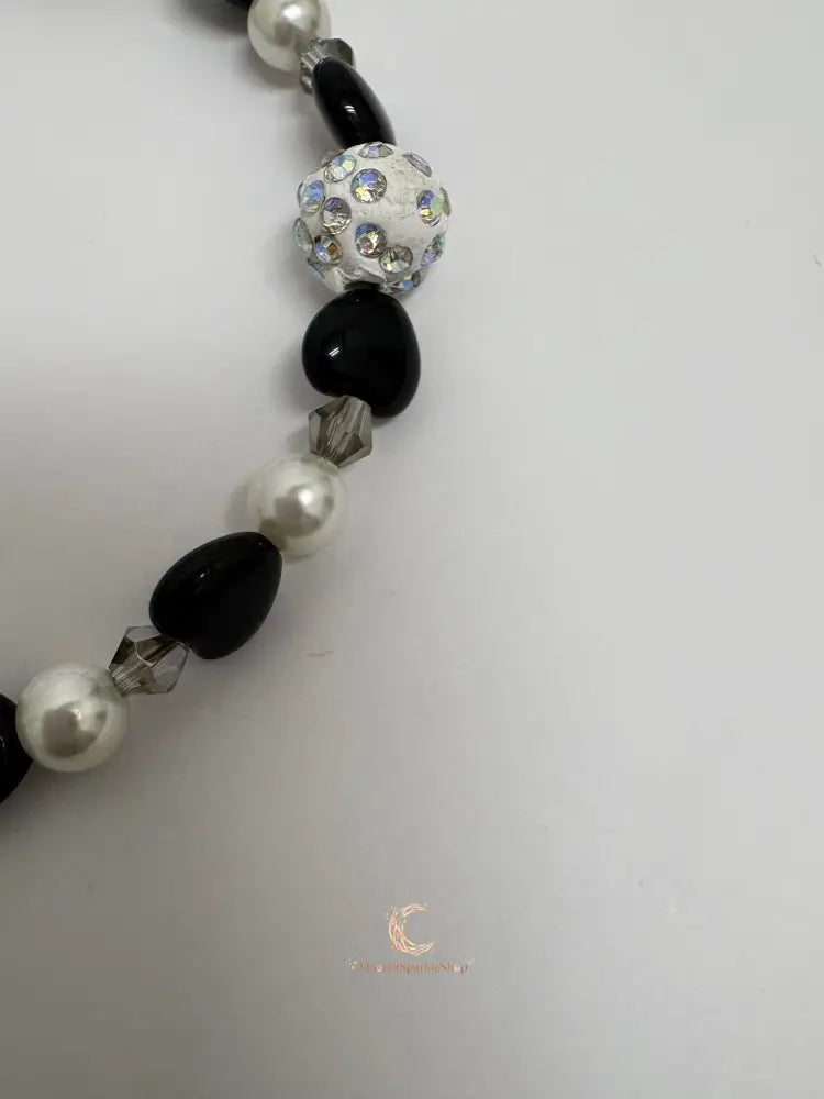 Black Onyx, Pearl & Crystal Bracelet - 7.75 Inch