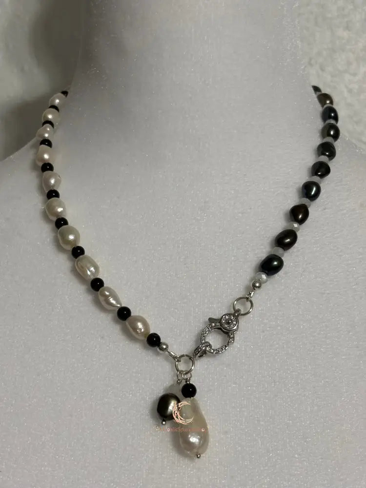 Between Shadow & Light Necklace – Pearl, Moonstone & Black Spinel Asymmetrical Necklace