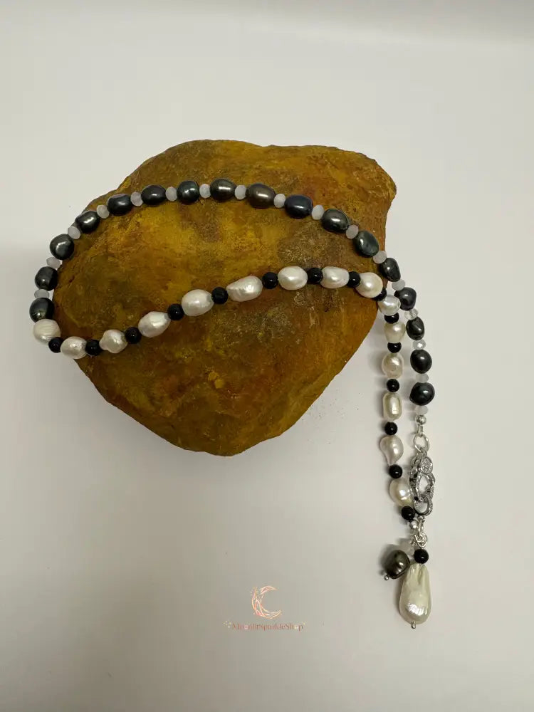 Between Shadow & Light Necklace – Pearl, Moonstone & Black Spinel Asymmetrical Necklace