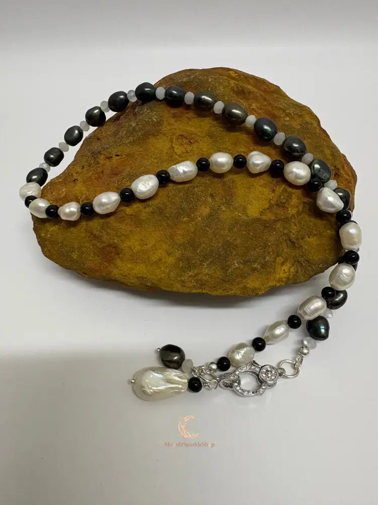 Between Shadow & Light Necklace – Pearl, Moonstone & Black Spinel Asymmetrical Necklace