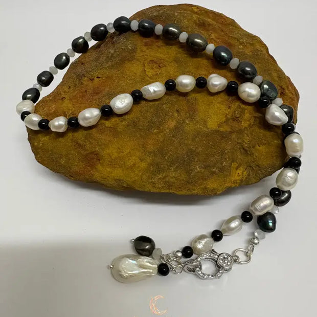 Between Shadow & Light Necklace – Pearl, Moonstone & Black Spinel Asymmetrical Necklace