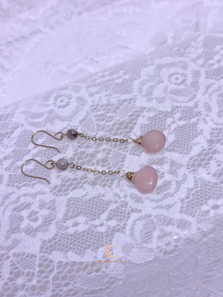 Ethereal Bloom Drop Earrings | Pink Chalcedony & Lavender Jade Gold Filled Earrings