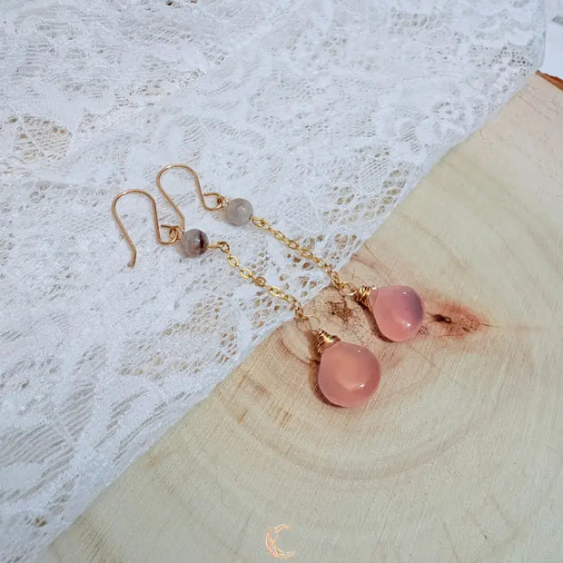 Ethereal Bloom Drop Earrings | Pink Chalcedony & Lavender Jade Gold Filled Earrings