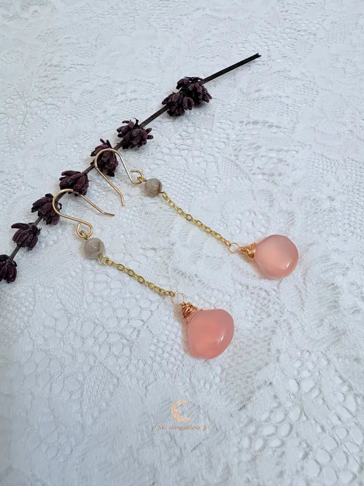 Ethereal Bloom Drop Earrings | Pink Chalcedony & Lavender Jade Gold Filled Earrings