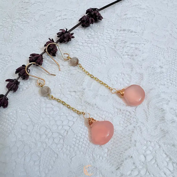 Ethereal Bloom Drop Earrings | Pink Chalcedony & Lavender Jade Gold Filled Earrings