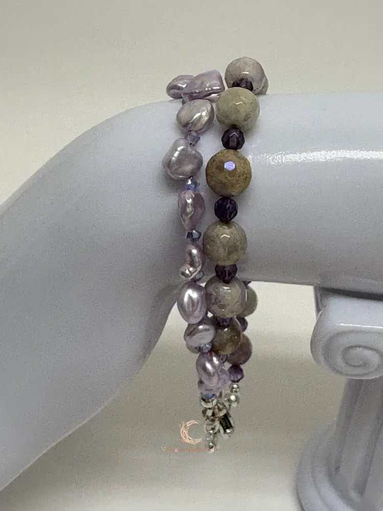 Mystic Moonstone and Pink Keshi Pearl 2 Strand Bracelet