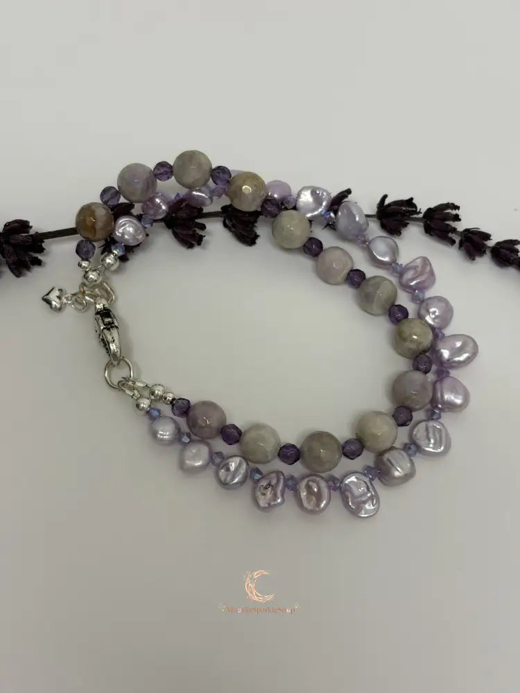 Mystic Moonstone and Pink Keshi Pearl 2 Strand Bracelet