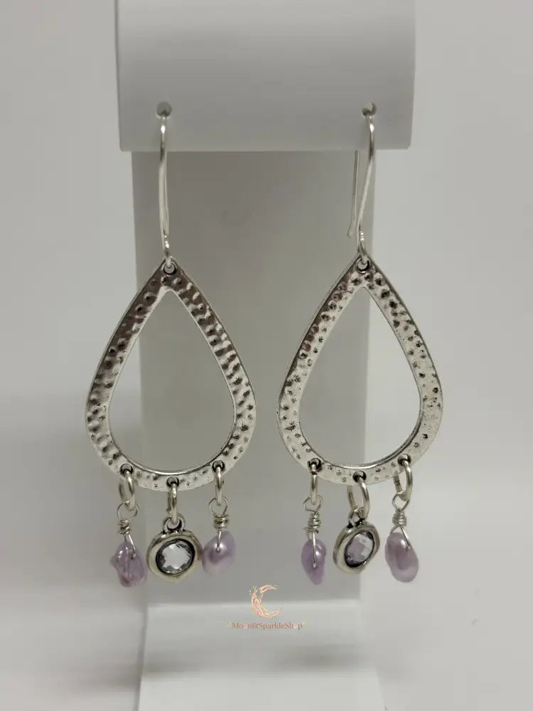 Pink Keshi Pearl and Crystal Silver Tear Drop Earrings