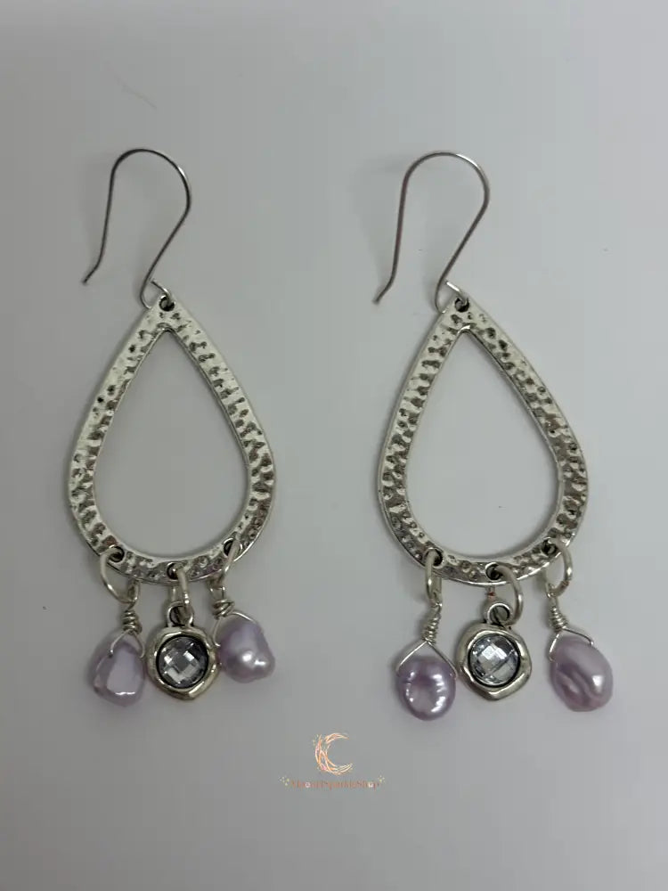 Pink Keshi Pearl and Crystal Silver Tear Drop Earrings