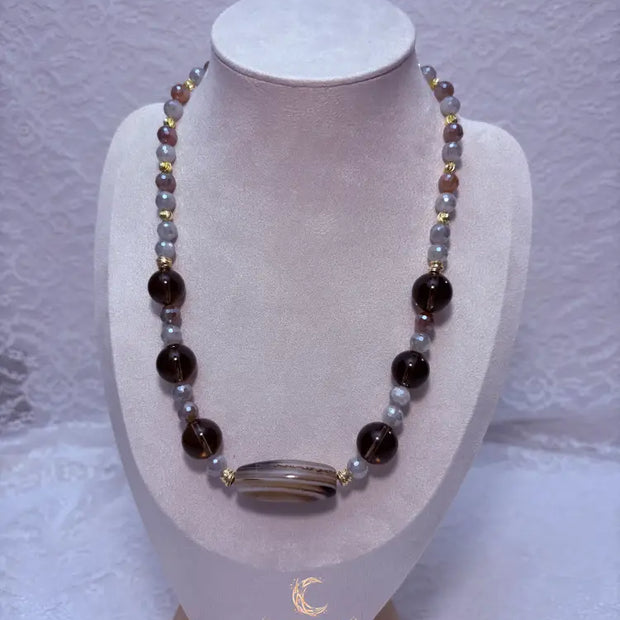 Autumn’s Quiet Light — Smoky Quartz, Mystic Moonstone & Agate Statement Necklace