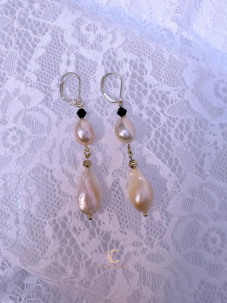 Quiet Balance Drop Earrings | Blush Baroque Pearl & Black Crystal | 18K Gold Filled Elegant Dangles