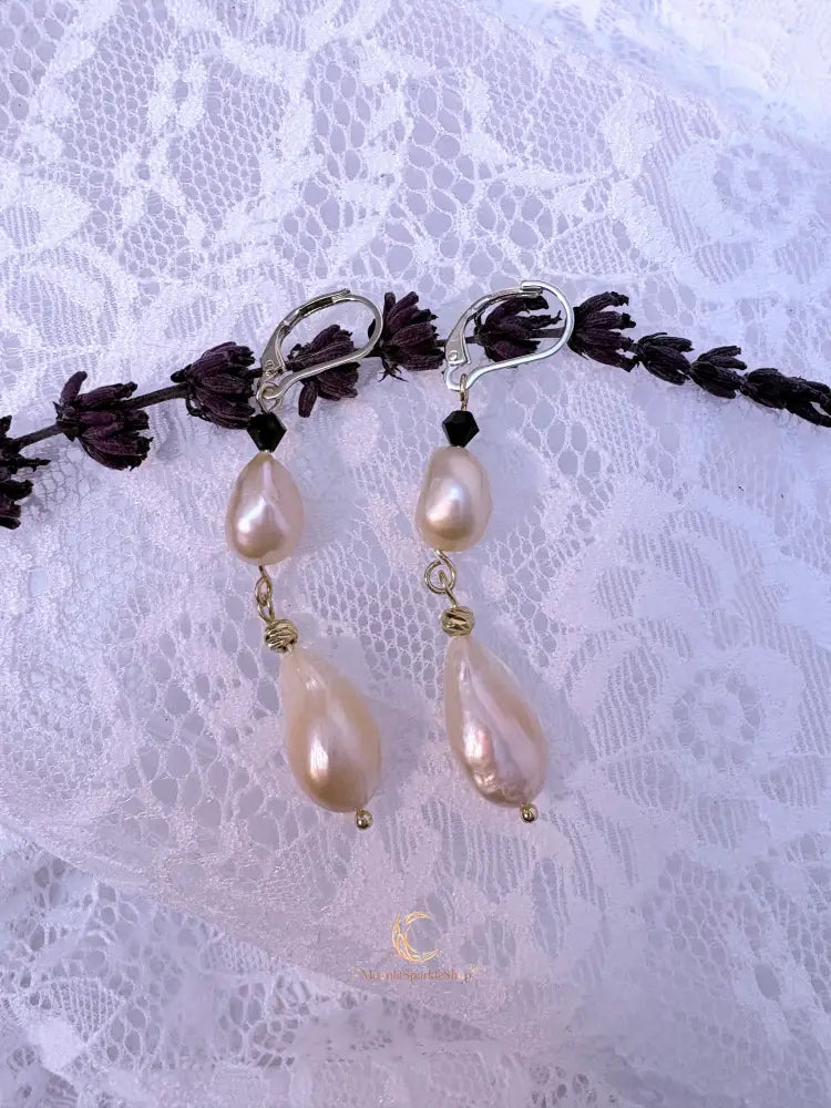 Quiet Balance Drop Earrings | Blush Baroque Pearl & Black Crystal | 18K Gold Filled Elegant Dangles