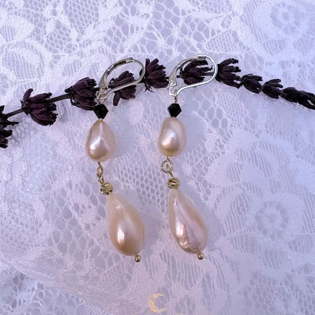 Quiet Balance Drop Earrings | Blush Baroque Pearl & Black Crystal | 18K Gold Filled Elegant Dangles