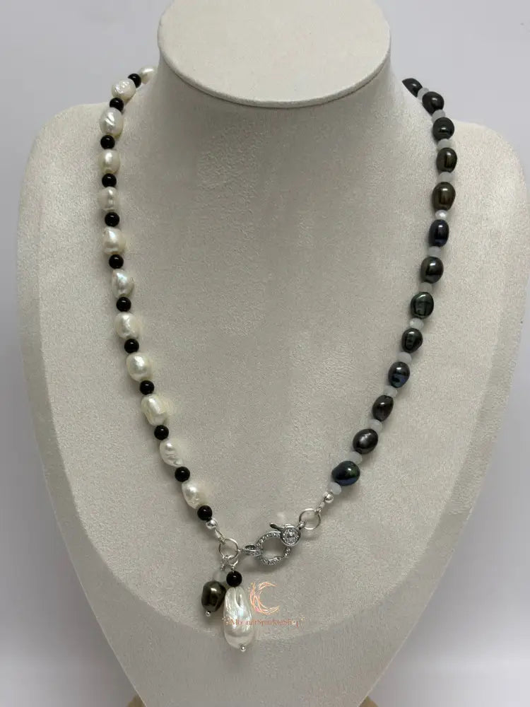 Between Shadow & Light Necklace – Pearl, Moonstone & Black Spinel Asymmetrical Necklace