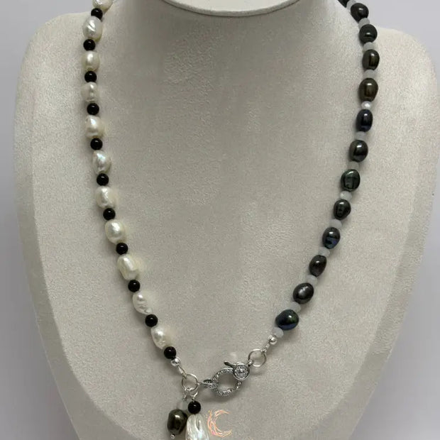 Between Shadow & Light Necklace – Pearl, Moonstone & Black Spinel Asymmetrical Necklace