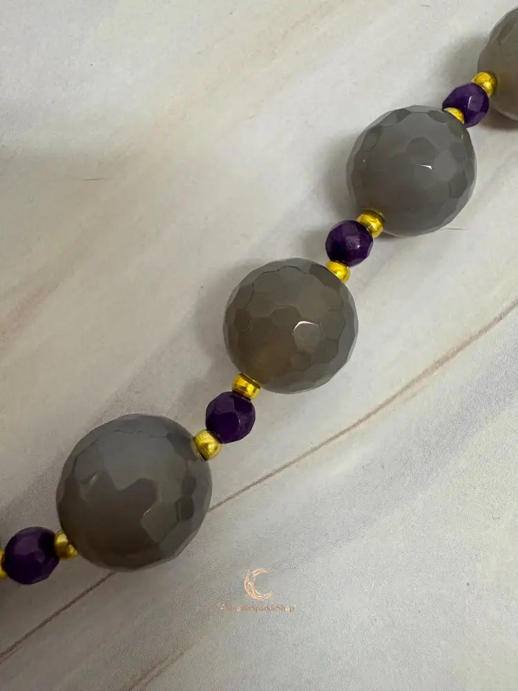 Gray Agate Amethyst Necklace – Dichroic Glass Pendant & Gold Plated Gemstone Jewelry