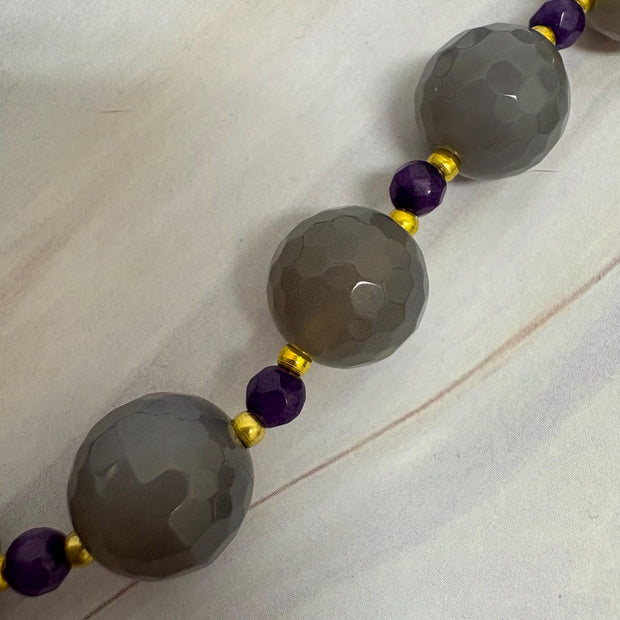Gray Agate Amethyst Necklace – Dichroic Glass Pendant & Gold Plated Gemstone Jewelry