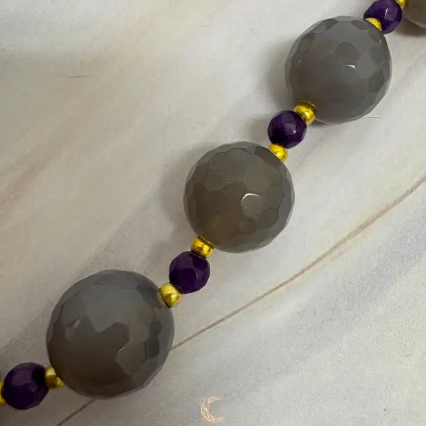 Gray Agate Amethyst Necklace – Dichroic Glass Pendant & Gold Plated Gemstone Jewelry