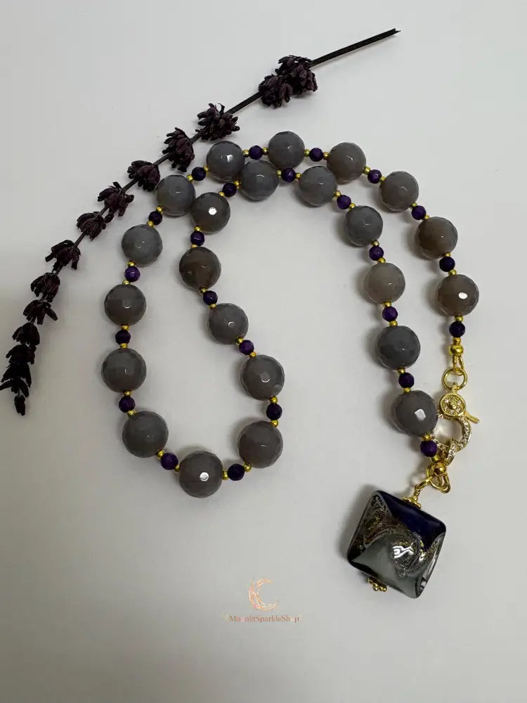 Gray Agate Amethyst Necklace – Dichroic Glass Pendant & Gold Plated Gemstone Jewelry
