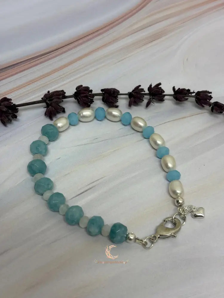 Aquamarine Pearl Bracelet - Sterling Silver with Moonstone & Heart Charm