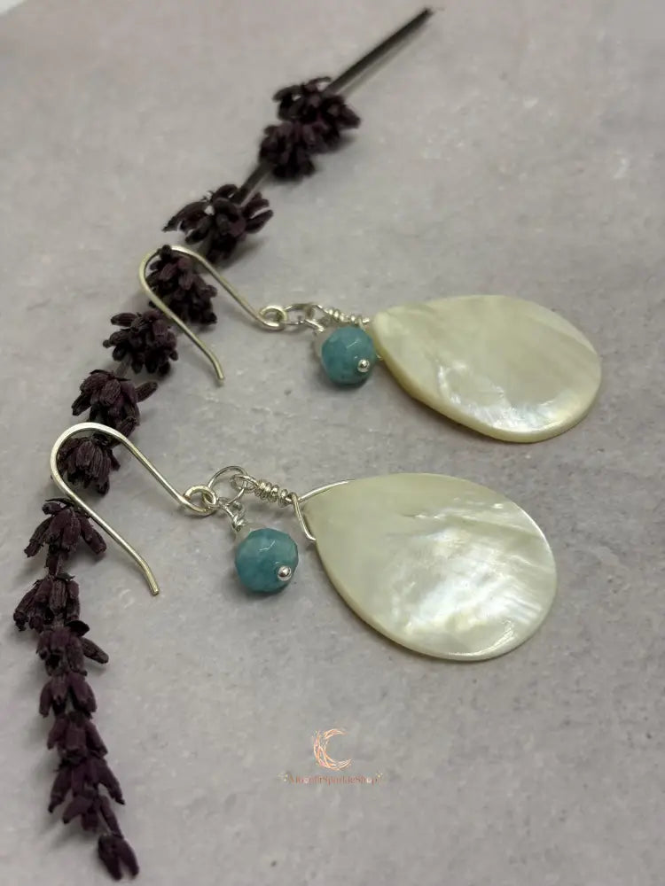 Mother of Pearl Drop Earrings - Aquamarine Moonstone Sterling Silver