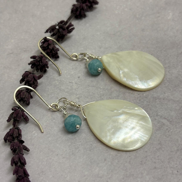 Mother of Pearl Drop Earrings - Aquamarine Moonstone Sterling Silver