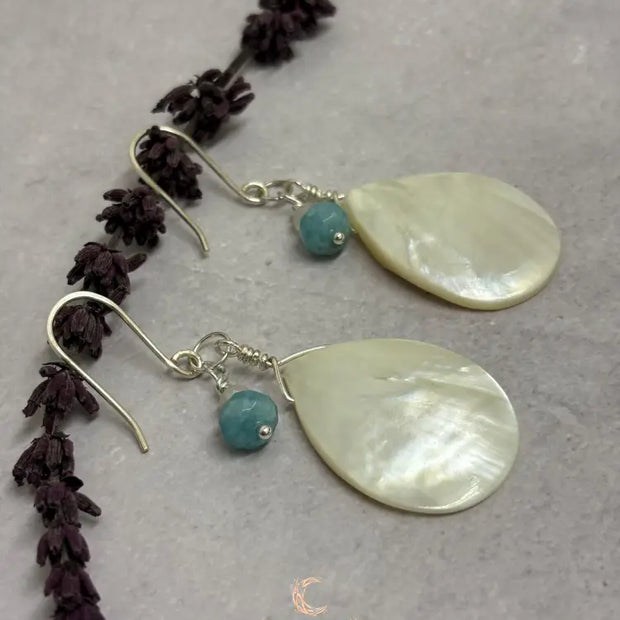 Mother of Pearl Drop Earrings - Aquamarine Moonstone Sterling Silver