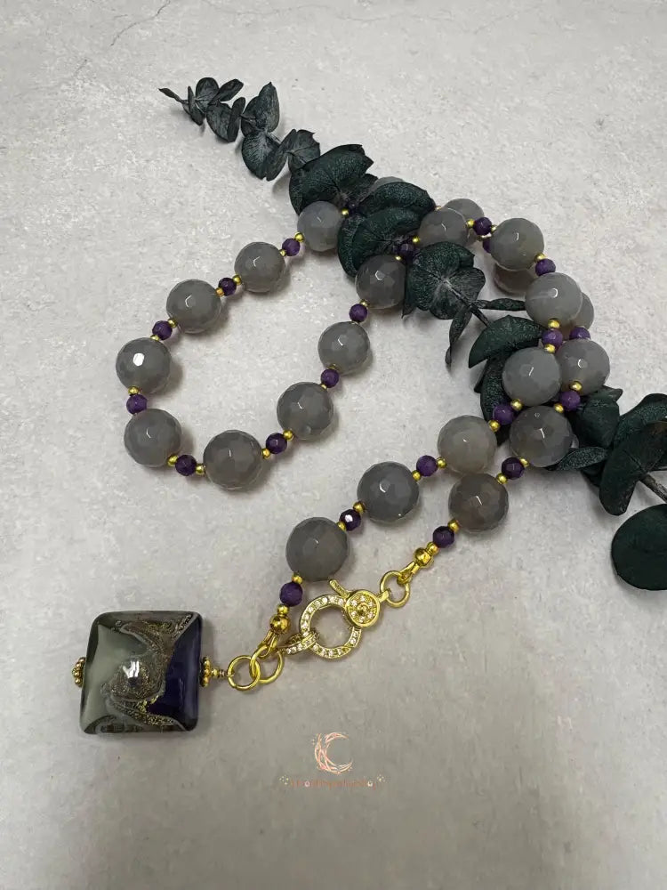 Gray Agate Amethyst Necklace – Dichroic Glass Pendant & Gold Plated Gemstone Jewelry