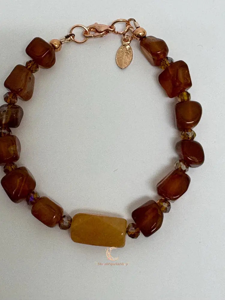Carnelian Peach Aventurine Bracelet – Copper Leaf Clasp Gemstone Jewelry