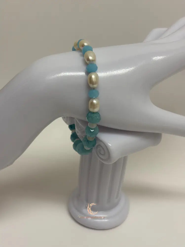 Aquamarine Pearl Bracelet - Sterling Silver with Moonstone & Heart Charm
