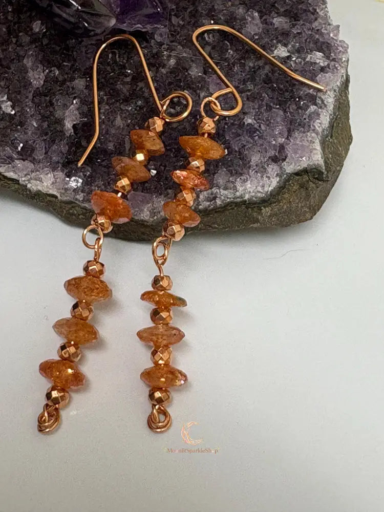 Sunstone Copper Drop Earrings – Handmade Healing Crystal Gemstone Jewelry