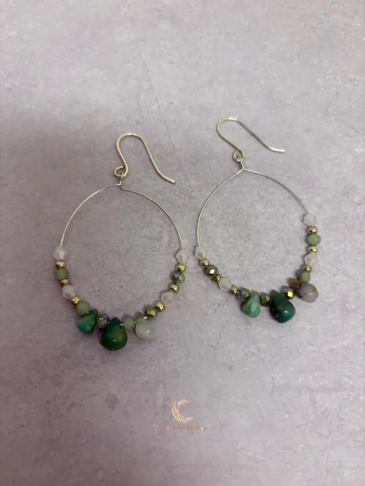 Peruvian Opal Earrings - Sterling Silver Hoop Dangles with Czech Glass Beads
