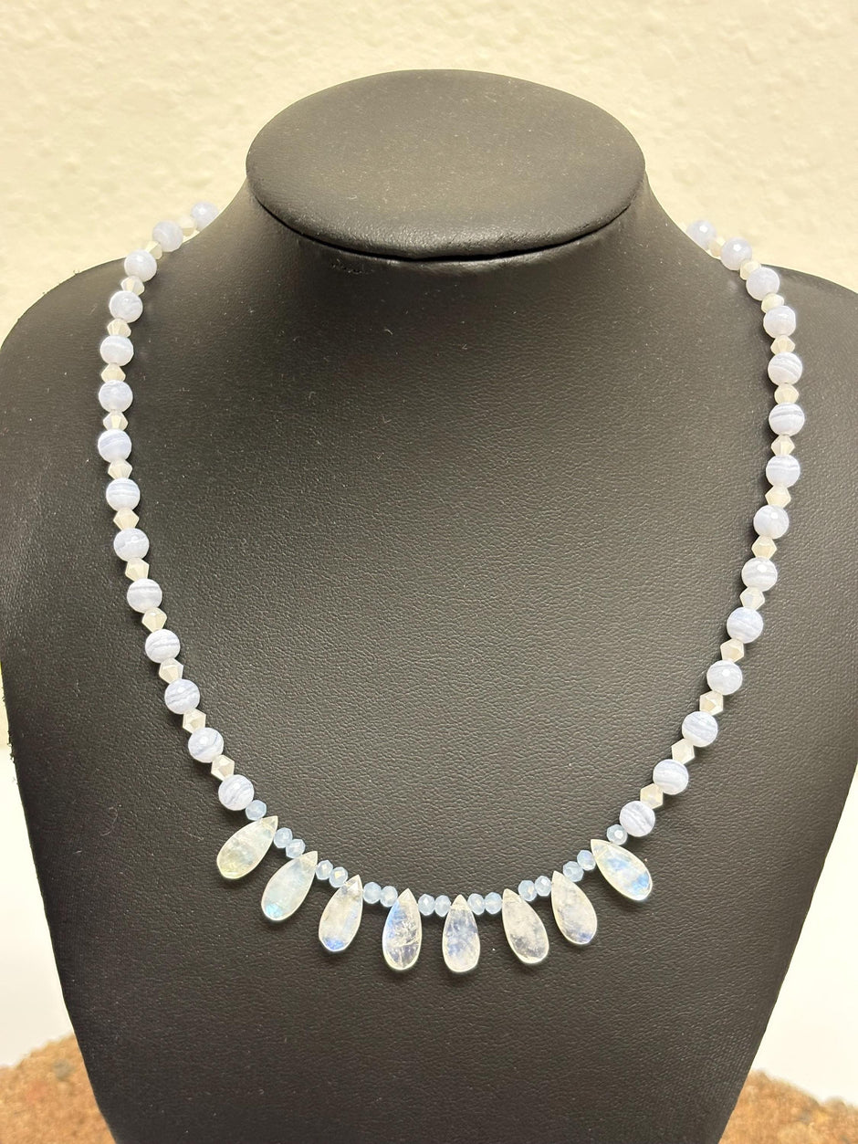 Moonstone Blue Lace Agate Necklace – Sterling Silver Teardrop Gemstone Jewelry