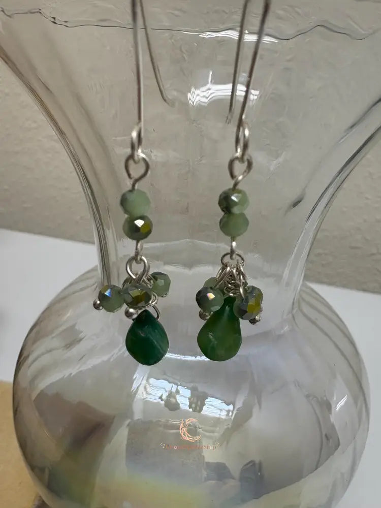 Peruvian Opal Earrings – Blue Green Gemstone Drop Dangle with Silver & Czech Crystal