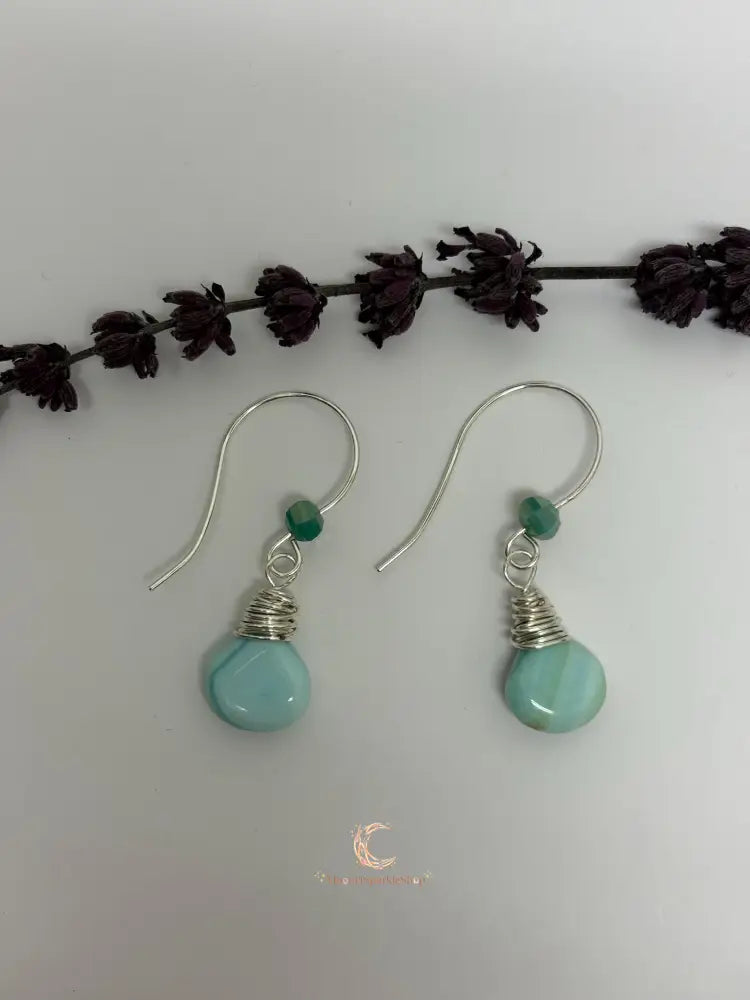 Blue Peruvian Opal Earrings – Silver Wire Wrapped Drop Gemstone Jewelry