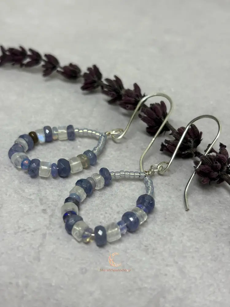 Tanzanite Opal Moonstone Earrings - Sterling Silver Handcrafted Drops
