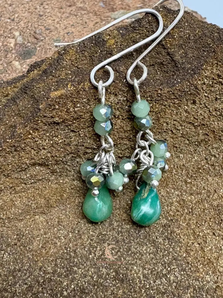 Peruvian Opal Earrings – Blue Green Gemstone Drop Dangle with Silver & Czech Crystal