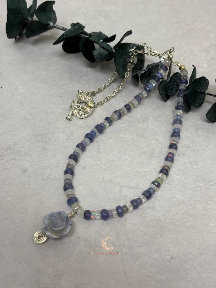 Tanzanite Opal Moonstone Necklace - Lavender Rose Pendant Sterling Silver