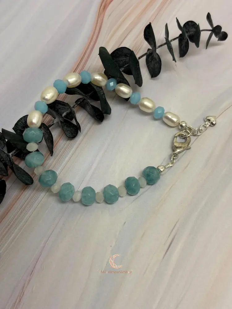 Aquamarine Pearl Bracelet - Sterling Silver with Moonstone & Heart Charm