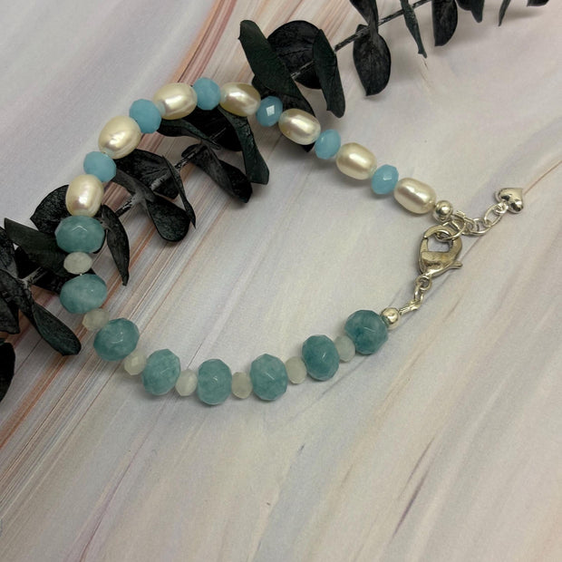 Aquamarine Pearl Bracelet - Sterling Silver with Moonstone & Heart Charm