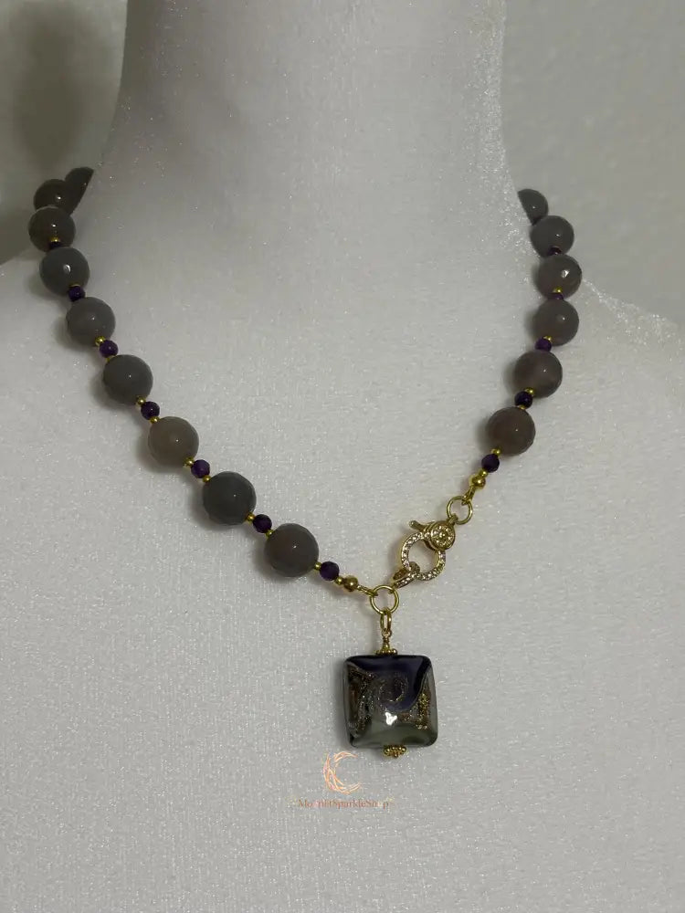 Gray Agate Amethyst Necklace – Dichroic Glass Pendant & Gold Plated Gemstone Jewelry