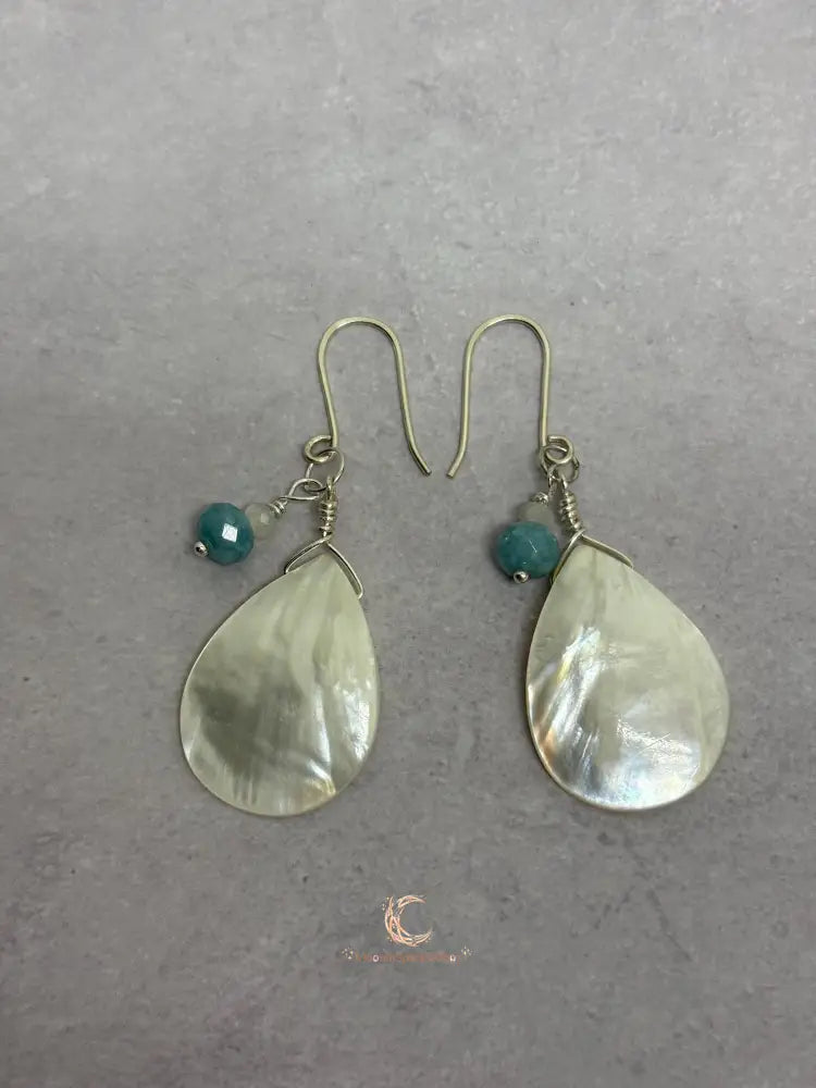 Mother of Pearl Drop Earrings - Aquamarine Moonstone Sterling Silver