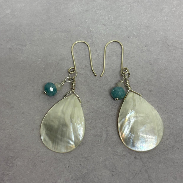 Mother of Pearl Drop Earrings - Aquamarine Moonstone Sterling Silver